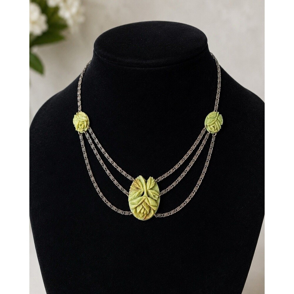 Antique Sterling Silver Carved Green Stone? Rose Multi Strand Necklace Estate